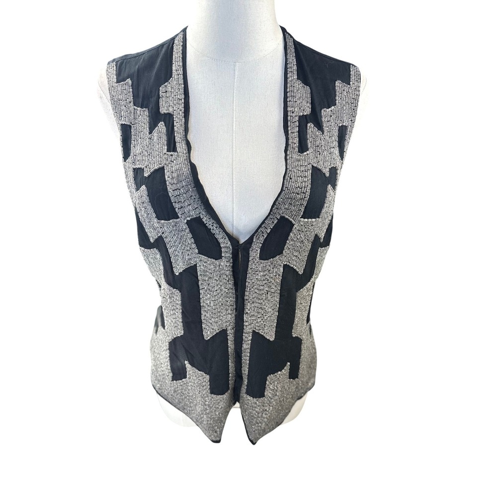 Ann Taylor for Kenar VTGE Silk‎ Black Beaded Geometric Front Vest Women's SZ MED
